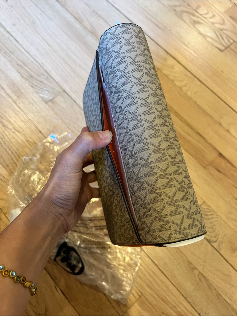 Michael Kors Monogram Shoulder Clutch in Orange and MK logos - Picture 2 of 4